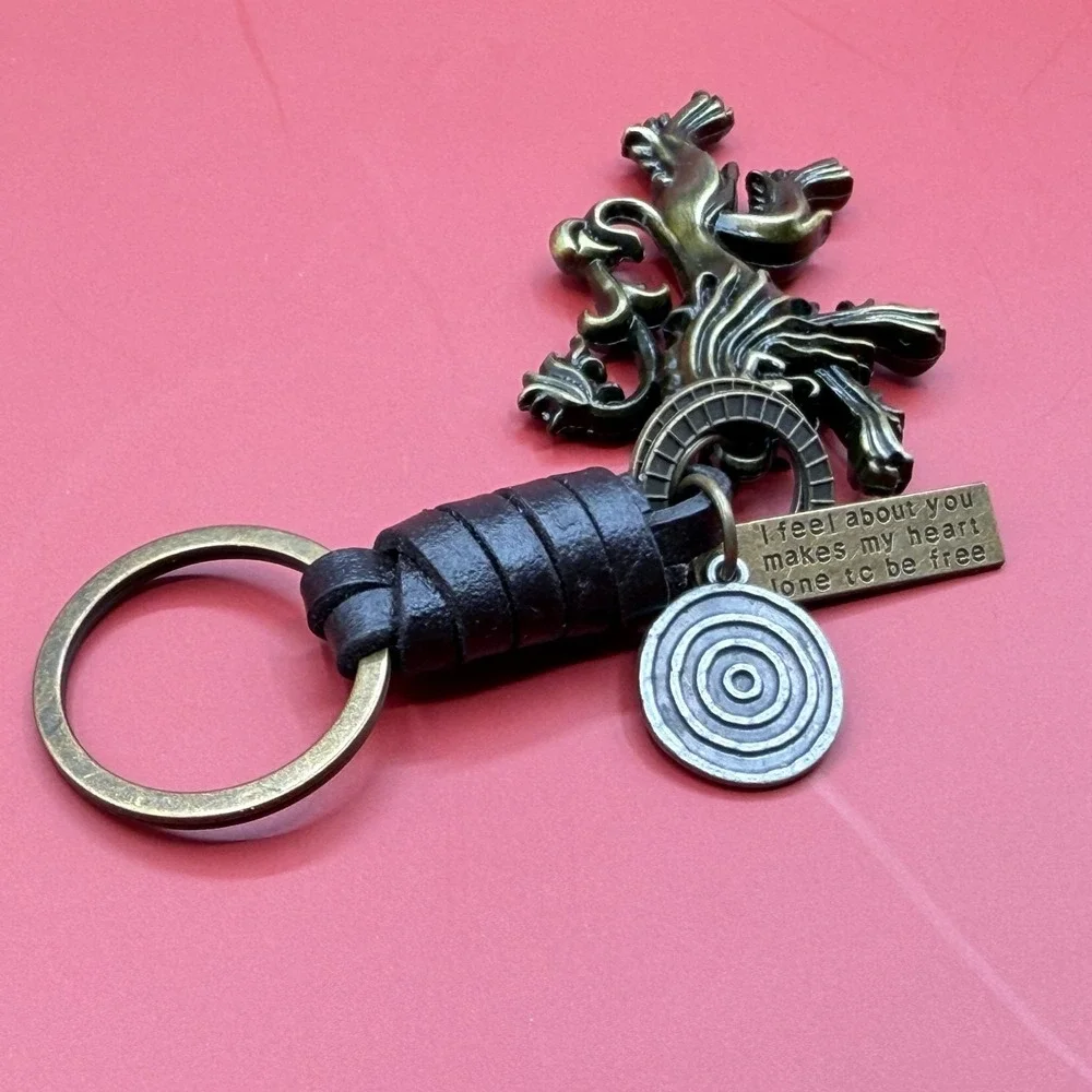 Lannister Lion Keychain Bronze Tone Leather Charm Game of Thrones Style Gift